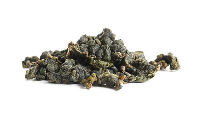 Heap of Tie Guan Yin Oolong tea on white background