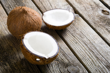 coconuts on natural old wood table background