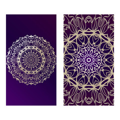 Vintage Cards With Floral Mandala Pattern. Vector Template. The Front And Rear Side. Luxury purple gold color