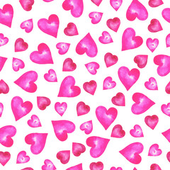 Seamless pattern with bright pink hearts on white background. Valentine`s day design. Hand drawn watercolor illustration. 