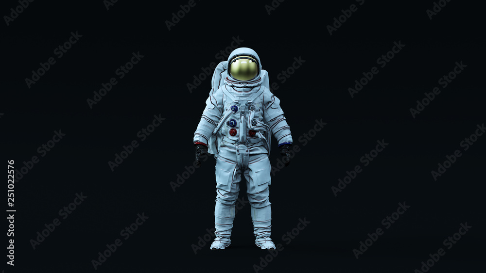 Wall mural astronaut with gold visor and white spacesuit with neutral light blue diffused lighting front 3d ill