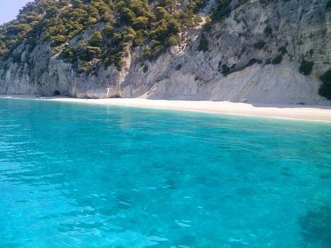 Popular beach of Egremnoi, Lefkada, Greece. View of blue water from sea. 