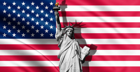 Statue of liberty with Flag of USA background. 3d rendering. – Illustration.