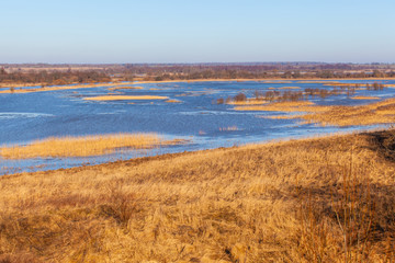 picturesque landscape of a wide river bed among brown forest