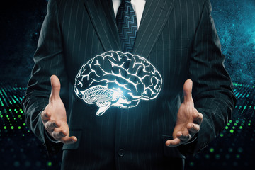 double exposure of human brain sketch and man hand. Brainstorming concept.