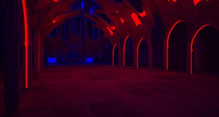 Abstract  Concrete Futuristic Sci-Fi Gothic interior With Red And Blue Glowing Neon Tubes . 3D illustration and rendering.