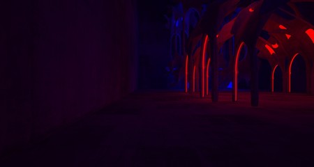 Abstract  Concrete Futuristic Sci-Fi Gothic interior With Red And Blue Glowing Neon Tubes . 3D illustration and rendering.