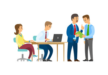 Boss discussing business idea with employee vector. Person typing info on laptop, businessman company owner communicating with team of office workers