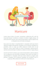 Manicure and hand treatment, nails polishing vector web poster. Manicurist and client sitting at table. Body care procedure on fingers in spa salon