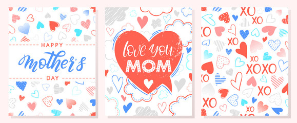 Set of creative Mothers Day cards with with zig zag background,ribbons and hearts.Seasons greetings cards perfect for prints, flyers,banners,invitations,special offer and more.