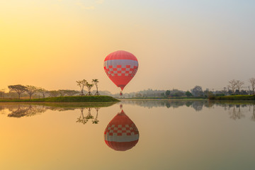 hot air balloons flying over Flower field with sunrise at Chiang Rai Province, Thailand