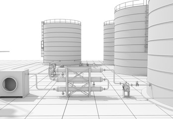 oil refinery, chemical production, waste processing plant, exterior visualization, 3D illustration