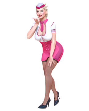 Beautiful woman Stewardess.Air hostess flight girl.Short white and pink dress, black stocking.Conceptual fashion art.Green eyes.Seductive candid pose.Realistic 3D render illustration.Isolate, high key