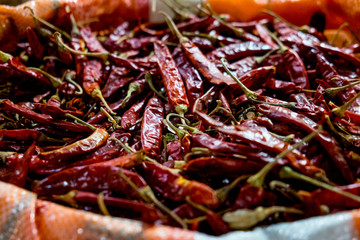 dried red chillis on a market in sri lanka