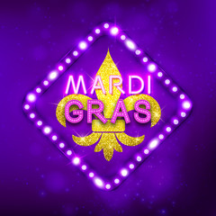 Mardi Gras postcard, purple retro frame with shiny neon led lights, vector illustration © paw