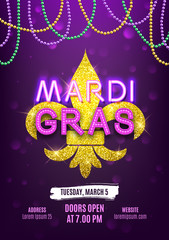 Mardi Gras party carnival banner, decorative beads and shiny gold symbol, vector illustration © paw