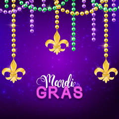 Mardi Gras decorative postcard with colorful traditional beads and gold symbols, vector illustration