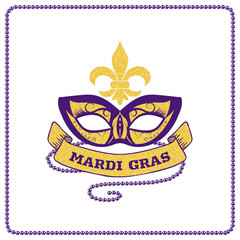 Mardi Gras decorative postcard with carnival mask, gold glitter, vector illustration © paw