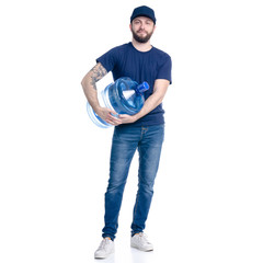 Water delivery man in blue t-shirt and cap on white background isolation