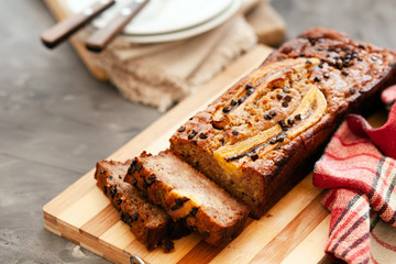 Butter free and sugar free banana bread loaf with oat flour. Vegan cake for healthy diet