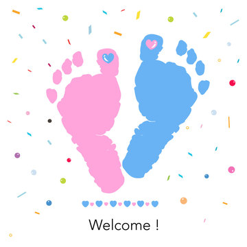 Baby foot prints. Welcome baby greeting card. Blue and pink foot print with confetti