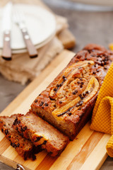 Butter free and sugar free banana bread loaf with oat flour. Vegan cake for healthy diet