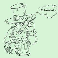 contour illustration coloring on the theme of St. Patricks day celebration, leprechaun holding a glass of foam ale