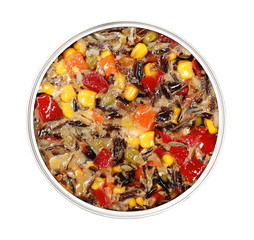 Wild rice salad with tuna in aluminum can isolated on white