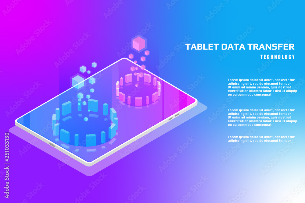 Poster Technology futuristic tablet data security protection transfer. Abstract sci fi isometric elements design for UI business app.