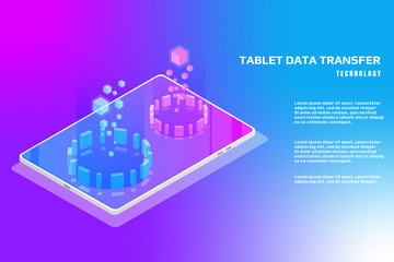 Technology futuristic tablet data security protection transfer. Abstract sci fi isometric elements design for UI business app.