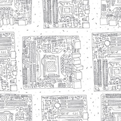 Motherboard hand drawn seamless pattern. Electronic component of desktop computer