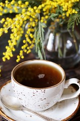 Spring Tea Party against the backdrop of a mimosa flower