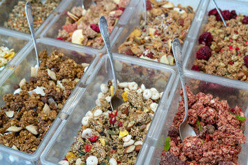 Useful and tasty muesli. Healthy nutrition and lifestyle.