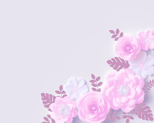 Floral bouquet design element, pink rose with paper cut leaves on white wall background, 3d rendering