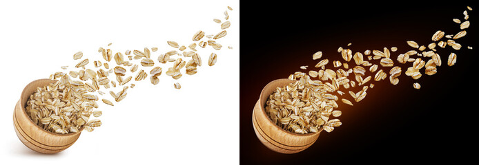 Oat flakes flying out of wooden bowl isolated on white and black background - Powered by Adobe