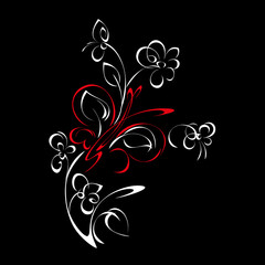 stylized sprig with flowers and a red butterfly on a black background