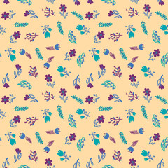 Hand Drawn pattern with summer flowers and herbs vintage Hohloma floral elements. Blue Yellow on white