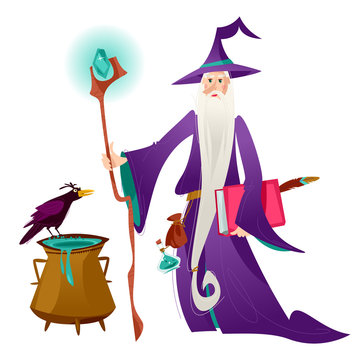Wizard  preparing a magic potion in a cauldron.