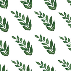 Seamless pattern, background, texture print with light watercolor hand drawn green color dusty leaves,  forest herbs, plants. Tender, elegant textile fabric, wrapping paper backdrop layout