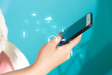 girl and smartphone with blue background for teen business social network