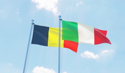Italy and Belgium, two flags waving against blue sky. 3d image