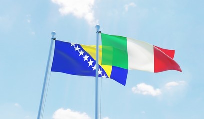 Italy and Bosnia and Hercegovina, two flags waving against blue sky. 3d image