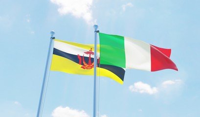Italy and Brunei, two flags waving against blue sky. 3d image