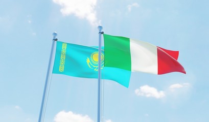 Italy and Kazakhstan, two flags waving against blue sky. 3d image