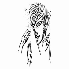 drawn in vector abstract black and white face looking into the gap