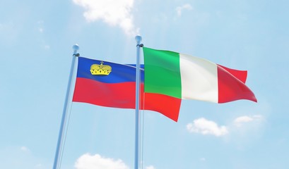 Italy and Liechtenstein, two flags waving against blue sky. 3d image