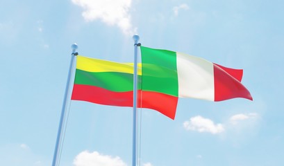 Italy and Lithuania, two flags waving against blue sky. 3d image