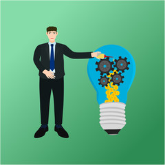 Businessman oil drop on gear money light bulb , success profit concept
