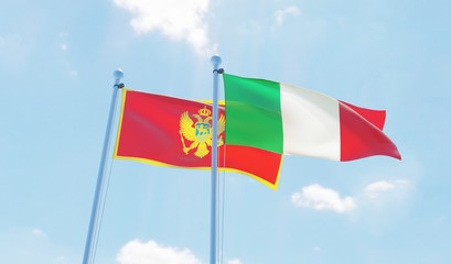 Italy and Montenegro, two flags waving against blue sky. 3d image