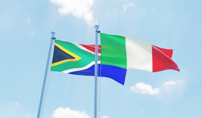 Italy and South Africa, two flags waving against blue sky. 3d image